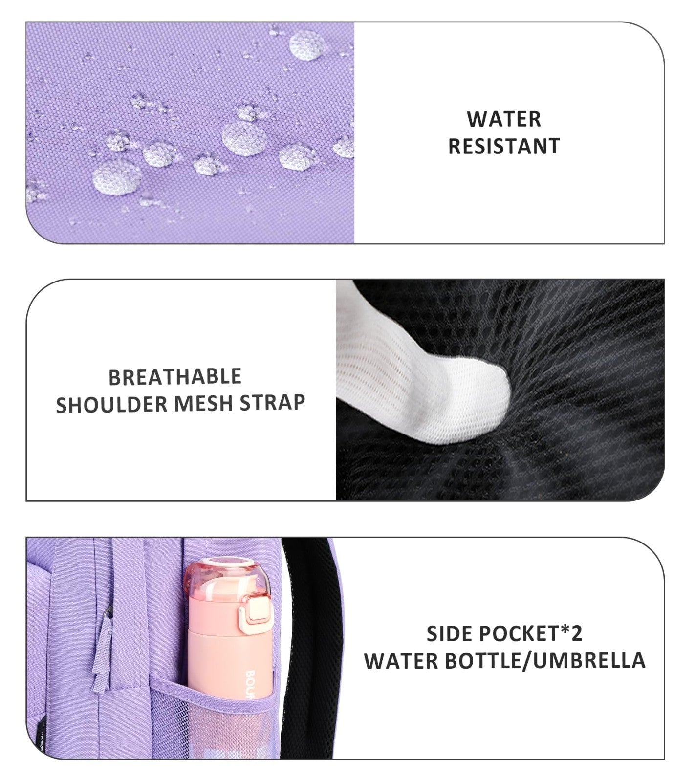 Solid Color Backpack for Girls & Women   Water Resistant School Bag   Light Purp4