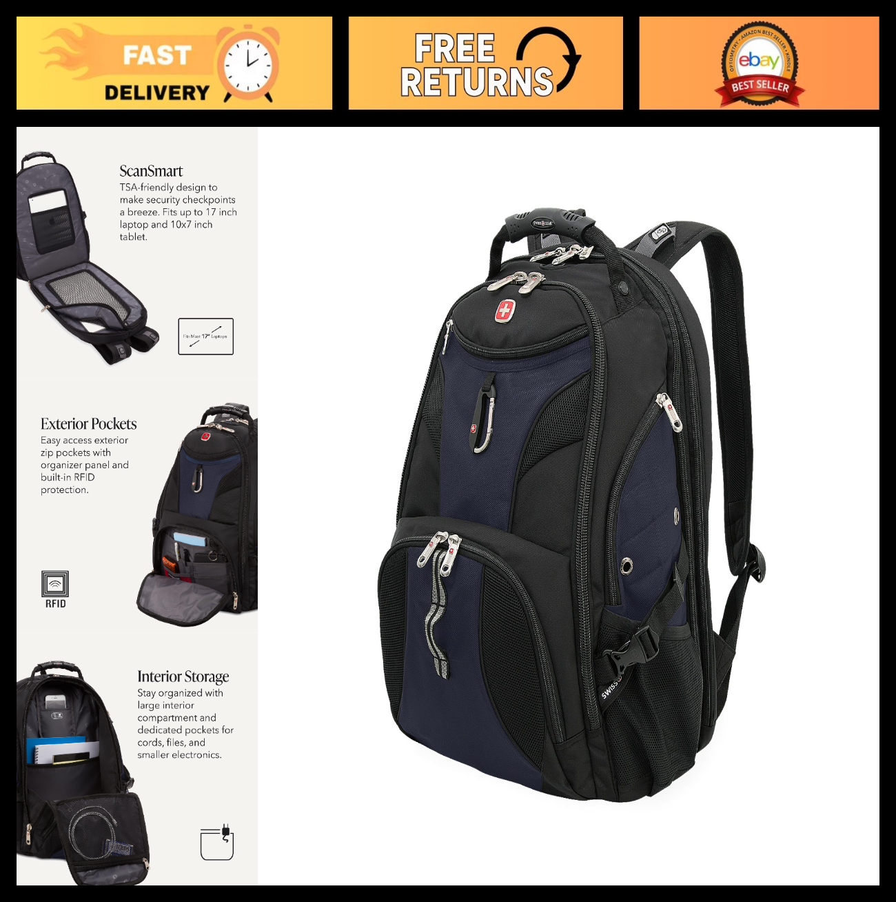 17 Inch TSA Friendly Laptop Backpack, RFID Protection, Tablet Pocket, Black, 31L0