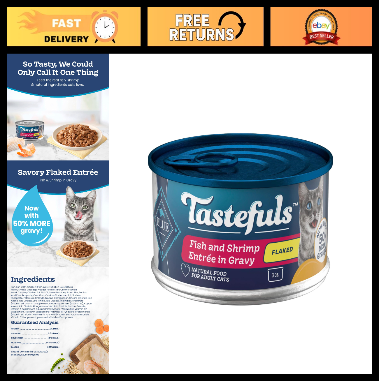 Flaked Wet Cat Food with Fish & Shrimp, 3 oz Cups, 4 Pack   Grain Free, High Pro0