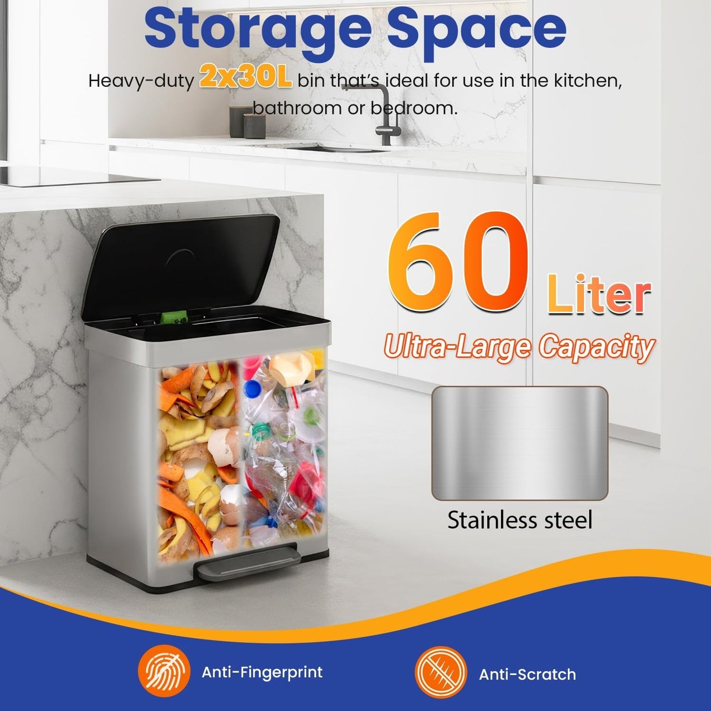 Dual Compartment 60L Stainless Steel Trash Can with Soft-Close Lid & Removable B5