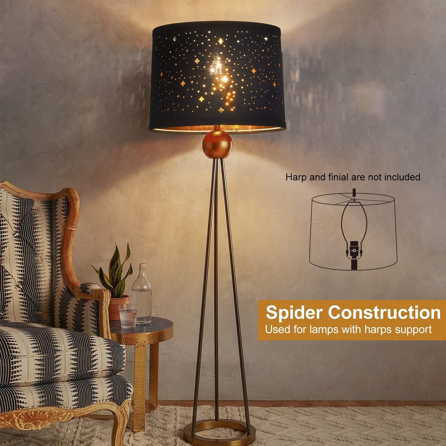 Set of 2 Black Drum Lampshades with Sky Stars Design | 11.6" x 12.6" x 9.8" | Fa3