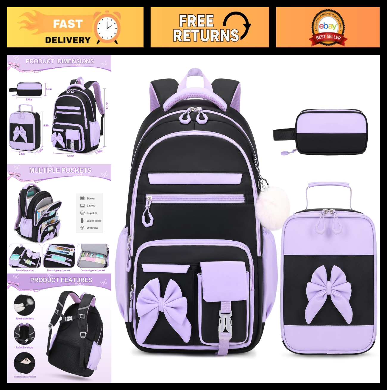 Cute Girls Backpack Set with Lunch Bag & Pencil Case   Stylish School Bag for Ki0