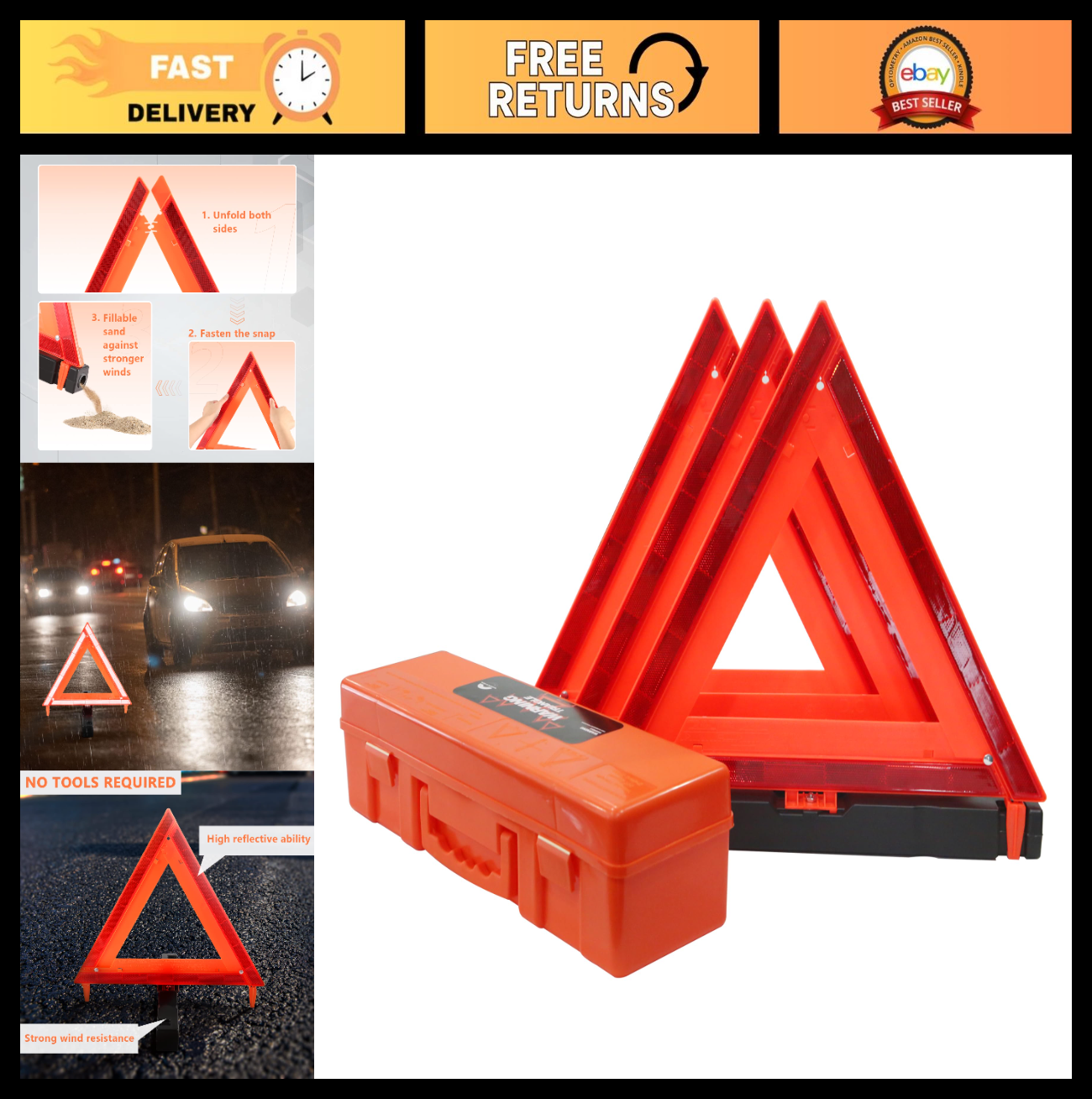3 Pack Reflective Warning Triangles with Carrying Case   Heavy Base Roadside Saf0