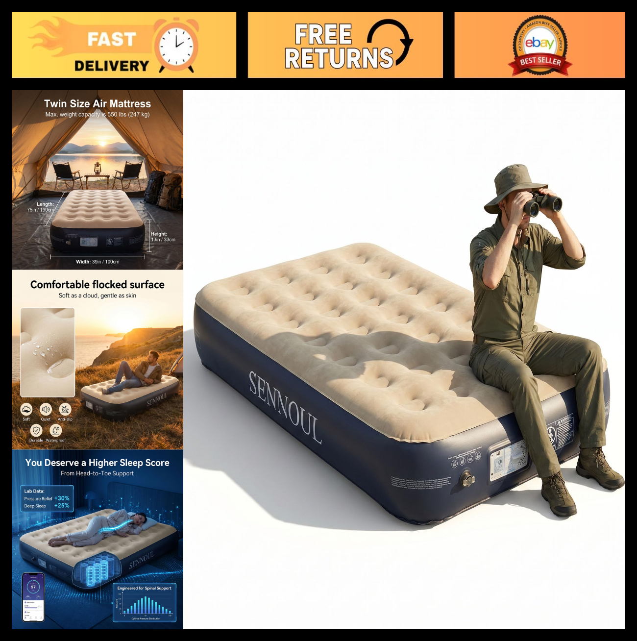 Twin Air Mattress with Built in Pump   Quick Self Inflating, 550lbs Capacity, St0