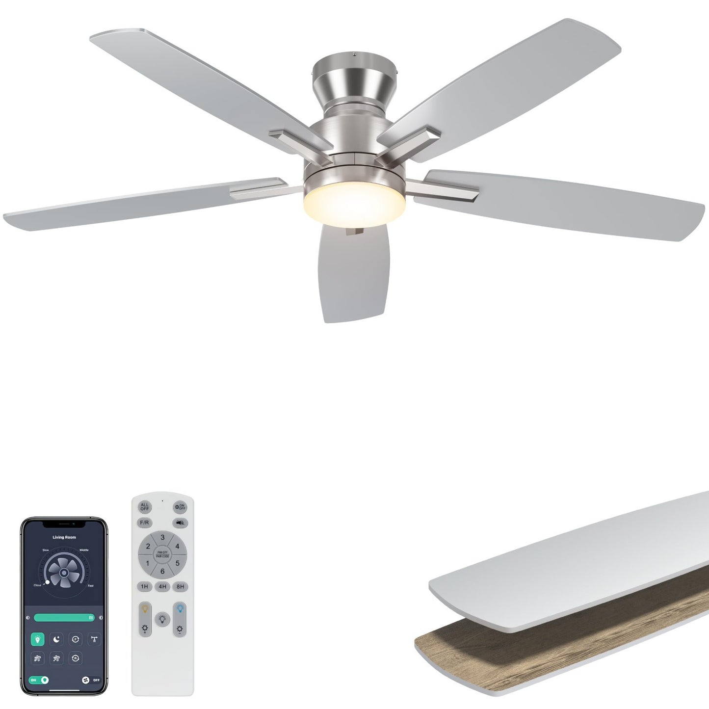 52" Silver Low Profile Ceiling Fan with Lights, Remote/APP Control, Dimmable LED1