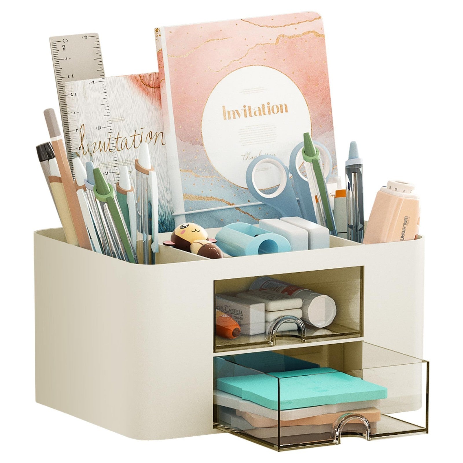Multi Functional Desk Organizer with 2 Drawers, 5 Compartments for Office Suppli1
