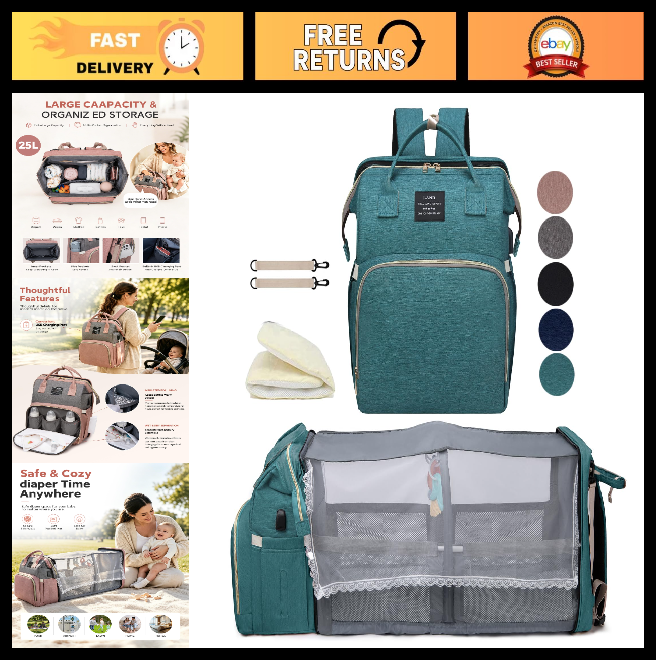 Large Capacity Diaper Bag Backpack with Changing Station, 25L, Waterproof & Styl0