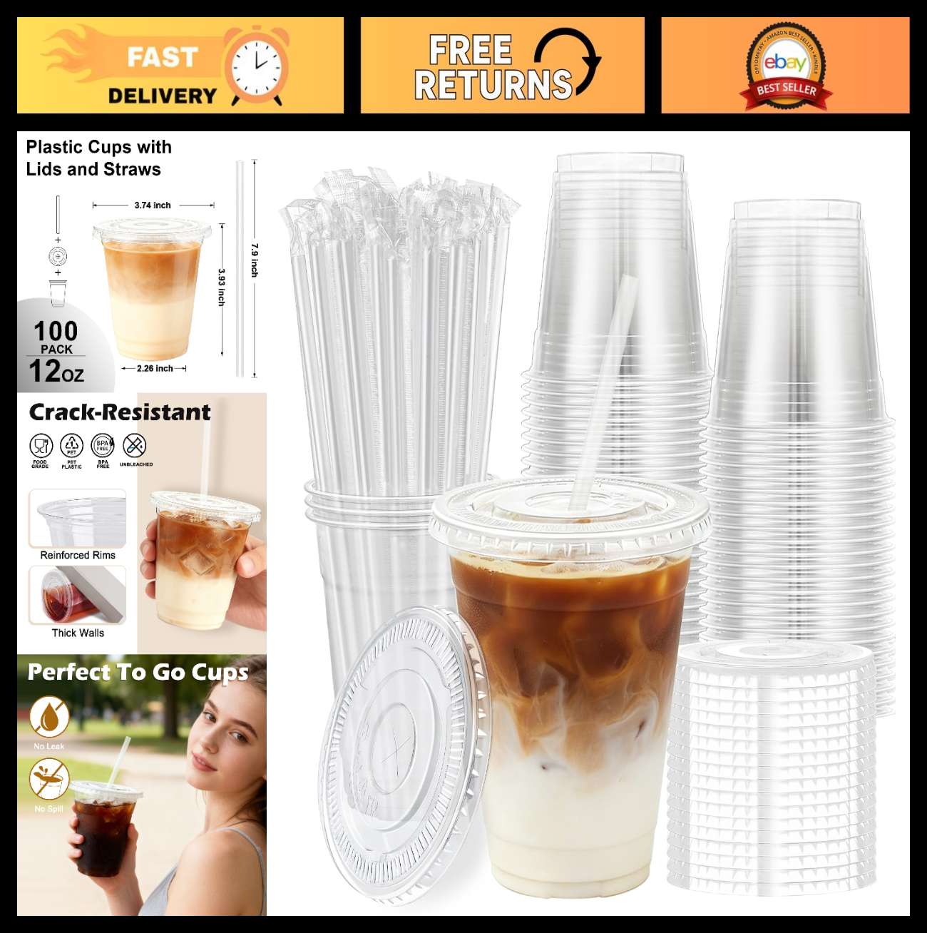 100 Pack 12 oz Clear Plastic Cups with Lids & Straws | Disposable Cold Drink Cup0