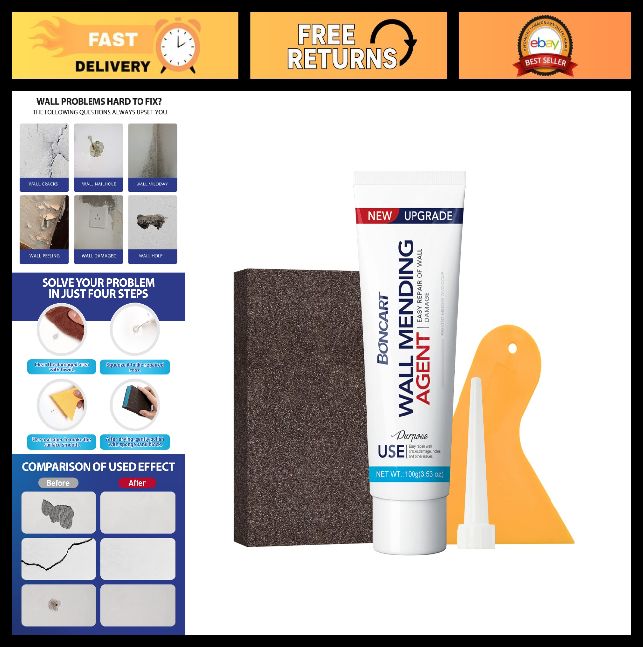 Wall Repair Kit   Spackle Mending Putty with Scraper & Sanding Sponge for Cracks0
