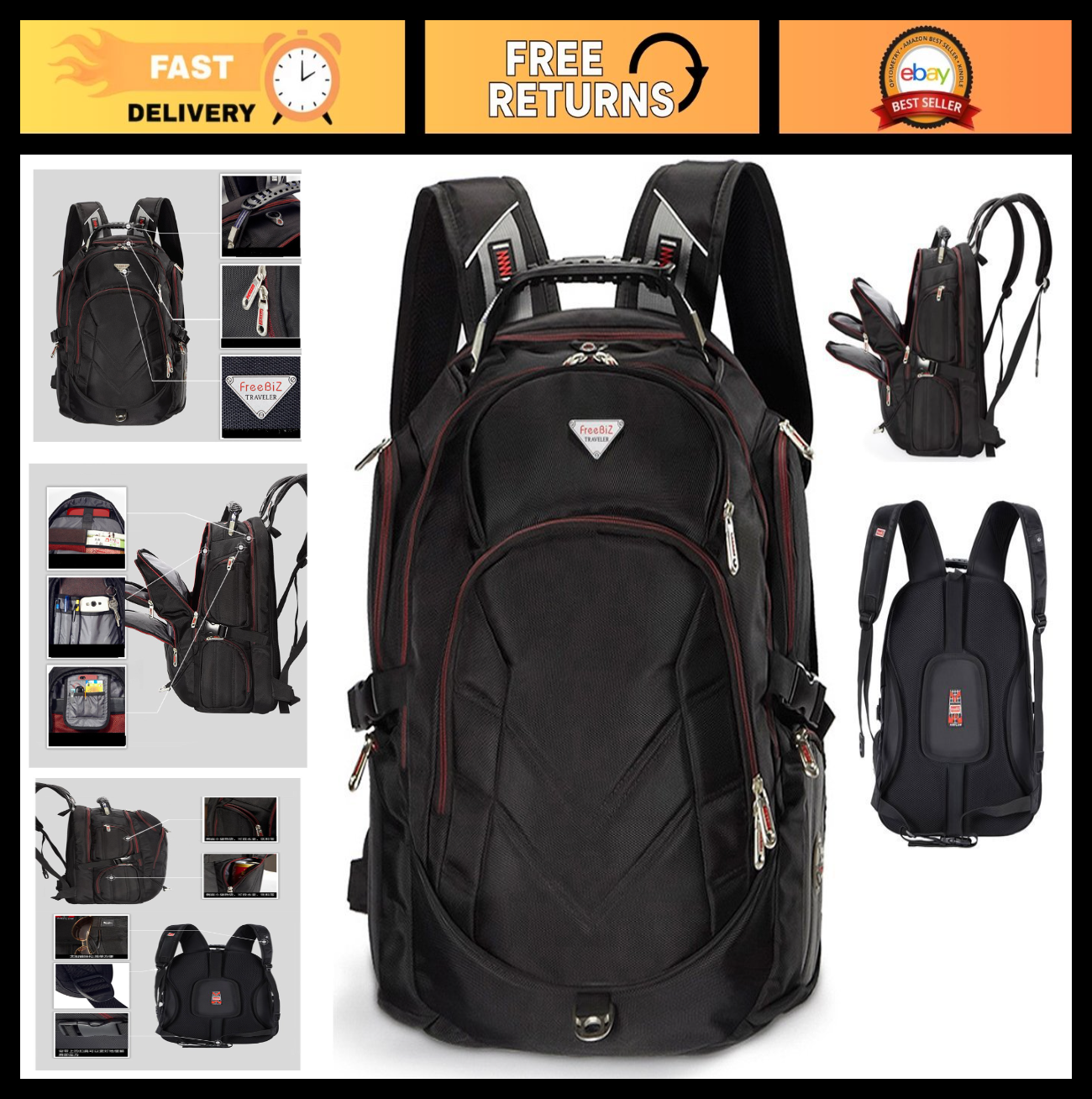 Large 18.4" Laptop Backpack for Gaming Laptops   Fits Dell, Asus, MSI, HP   Blac0