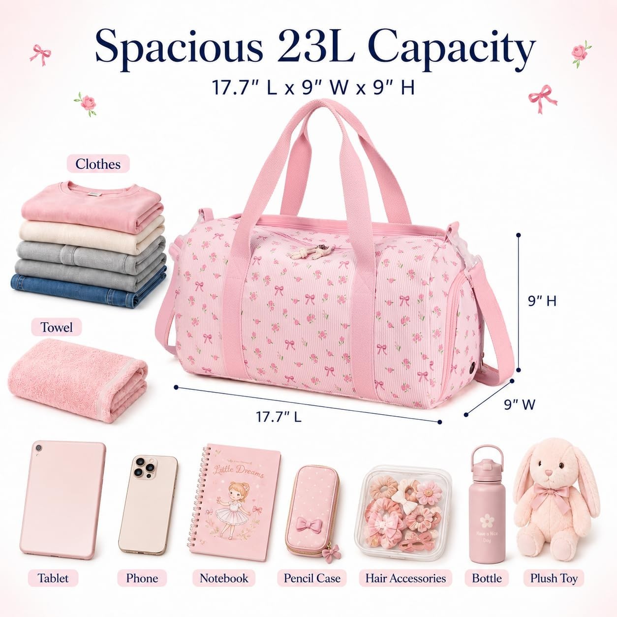 Cute Gym Duffle Bag for Girls - Waterproof Sports Overnight Bag with Shoe Compar2