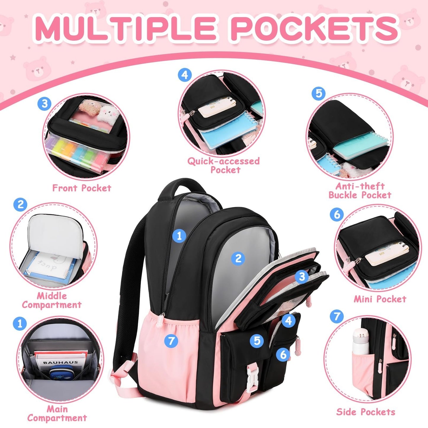 Kawaii Girls School Backpack - Cute Book Bag for Middle & Elementary Students, B3