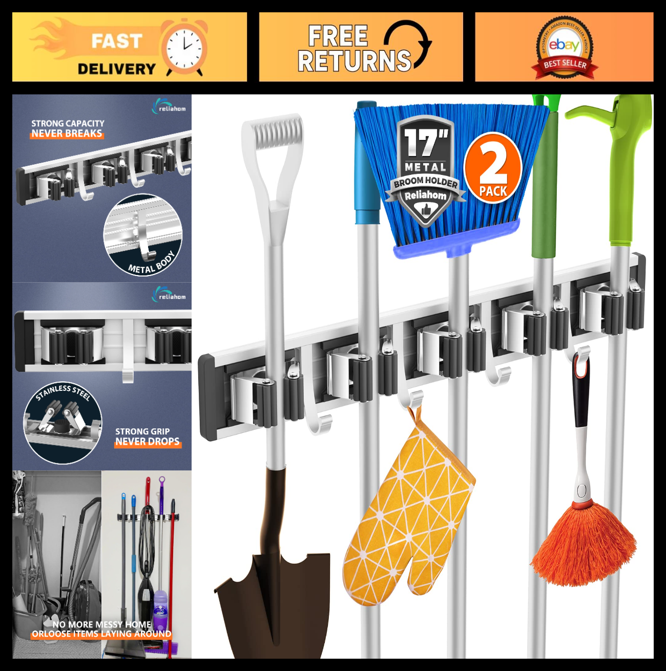 Wall Mount Broom Holder & Mop Hanger Organizer - 5 Racks & 4 Hooks, 2 Pack0