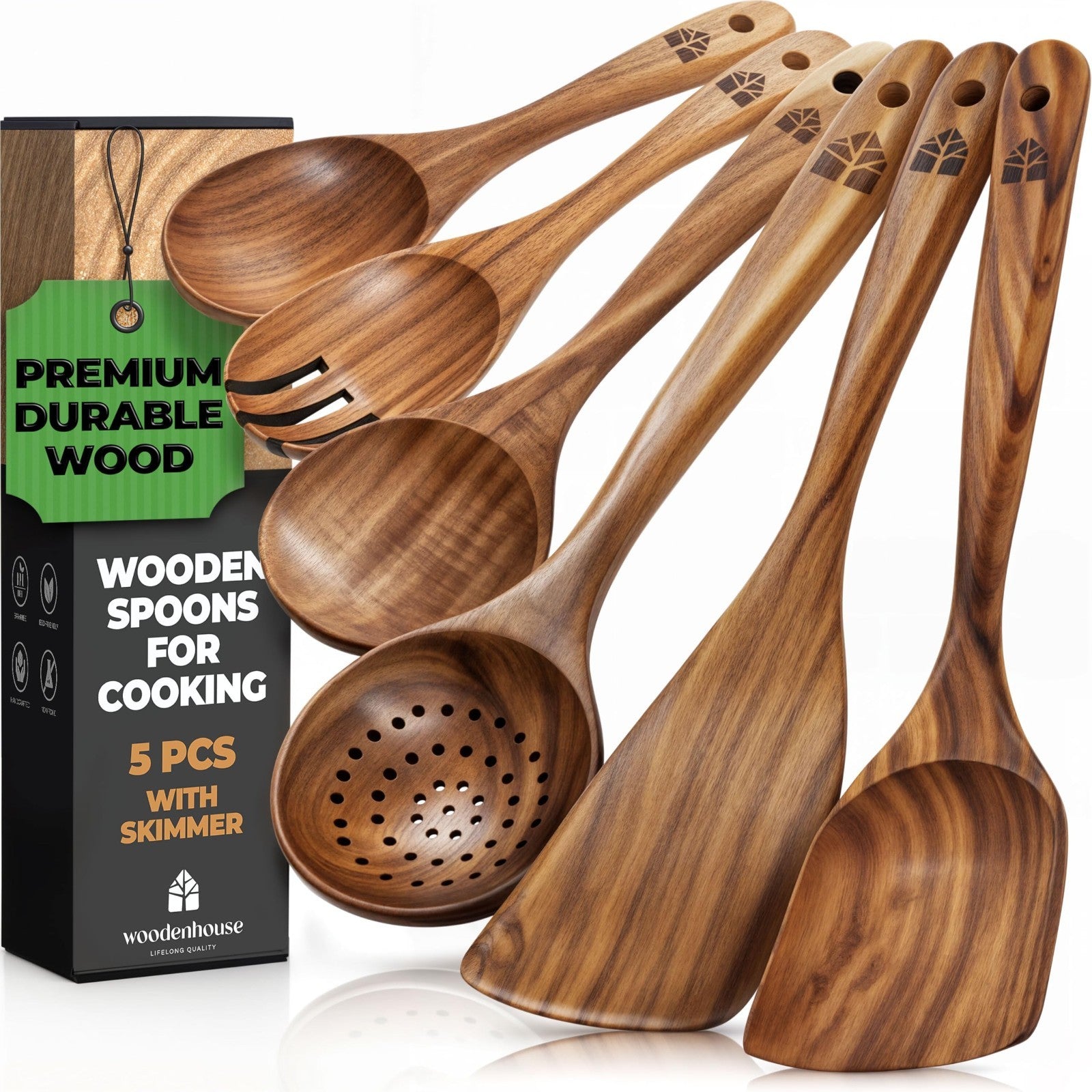 Wooden Cooking Spoons Set   Teak Utensils, Comfortable Grip, Non Stick, Food Saf1