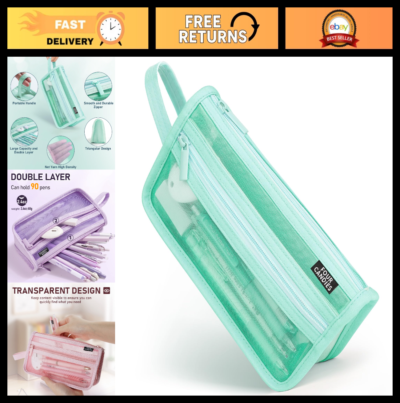Clear Double Layer Mesh Pencil Case with Handle   Green Grid Design, School Supp0
