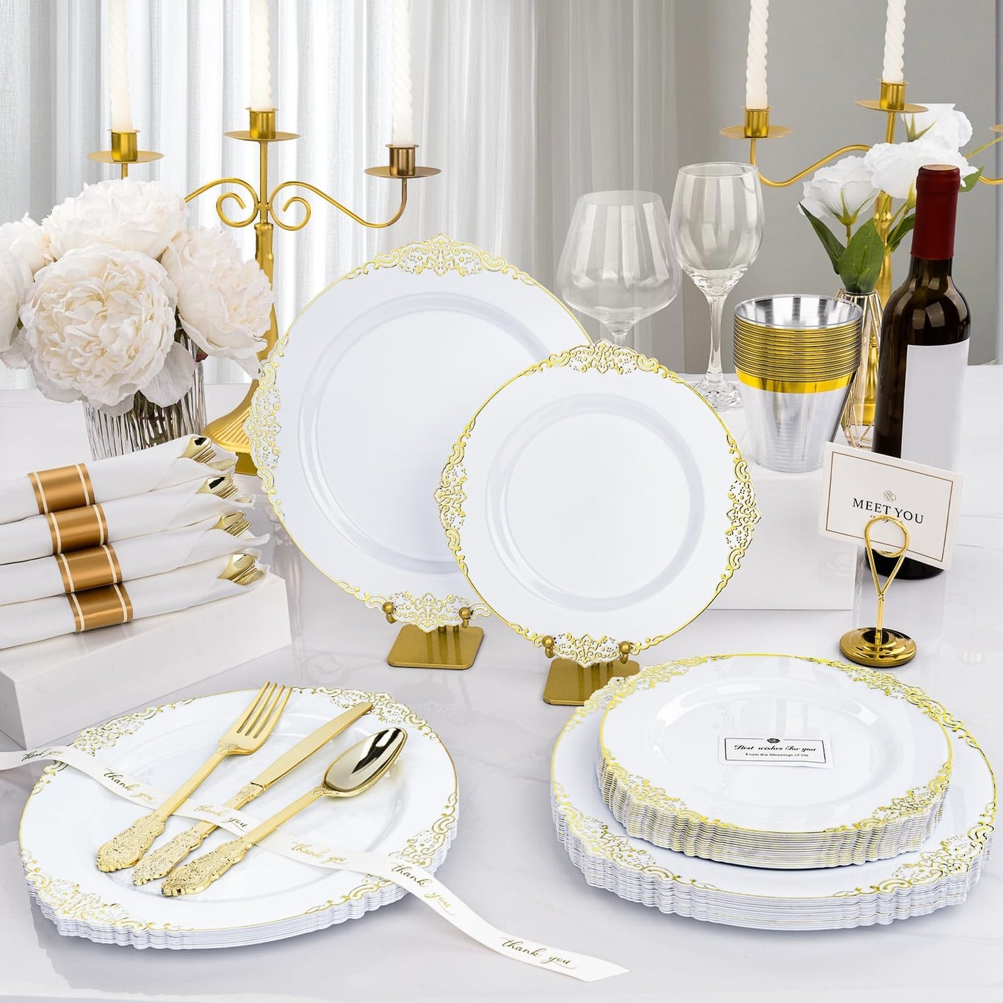 350-Piece White & Gold Disposable Dinnerware Set for 50 Guests | Plates, Silverw3