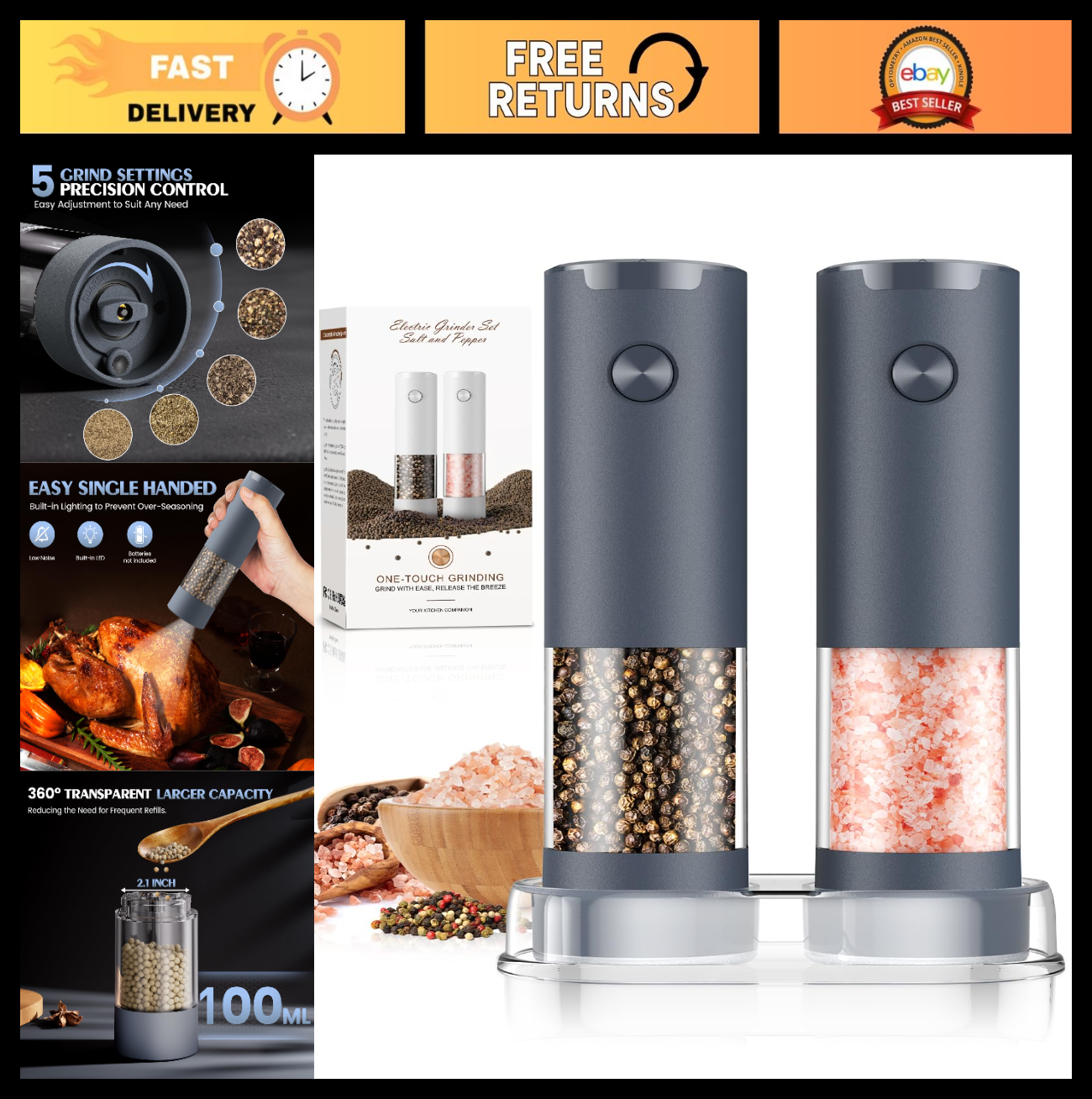 Electric Salt and Pepper Grinder Set   Upgraded Battery Operated Kitchen Shakers0