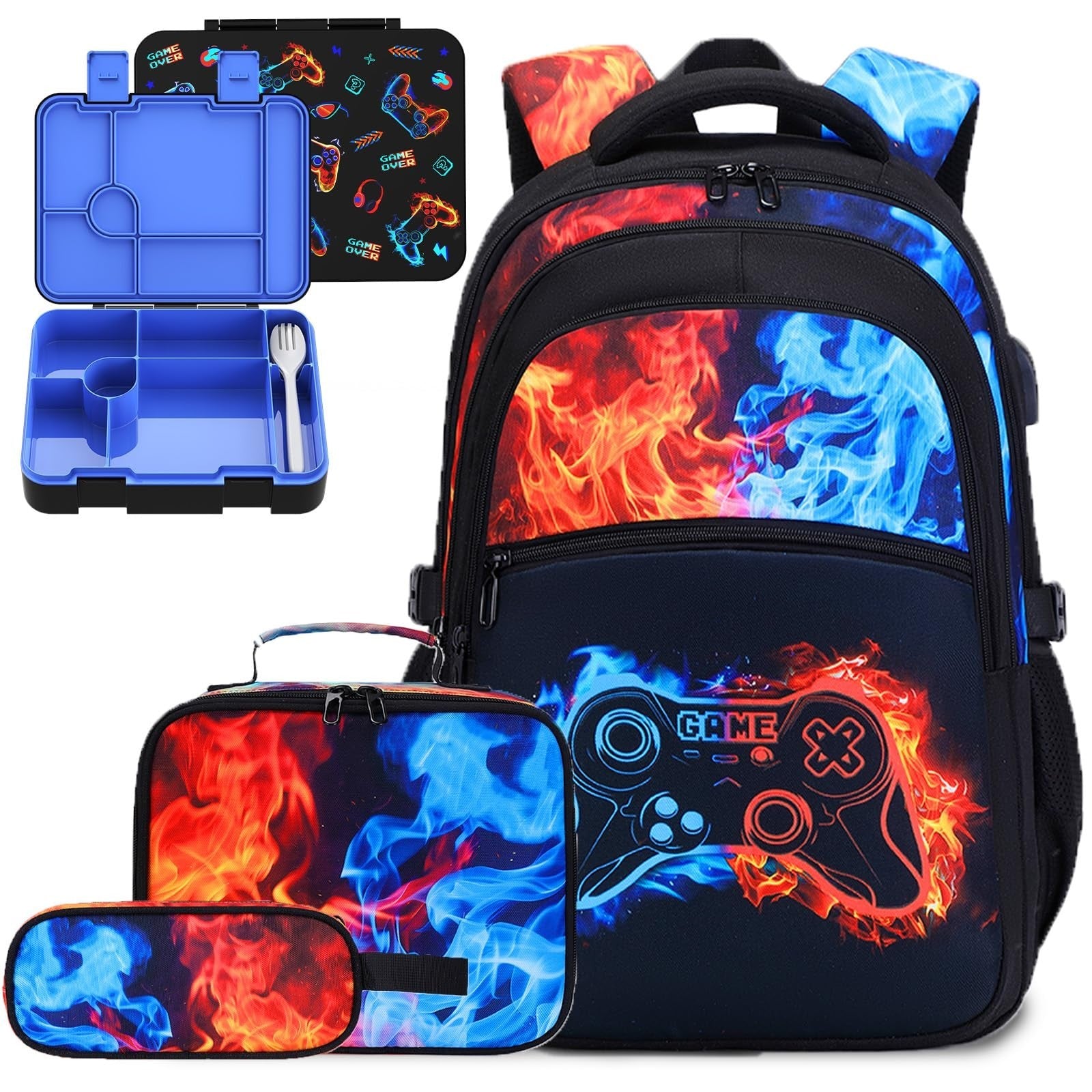 Cool Luminous Gamer Boys Backpack Set   6PCS with Lunch Bag & Pencil Case, Schoo0