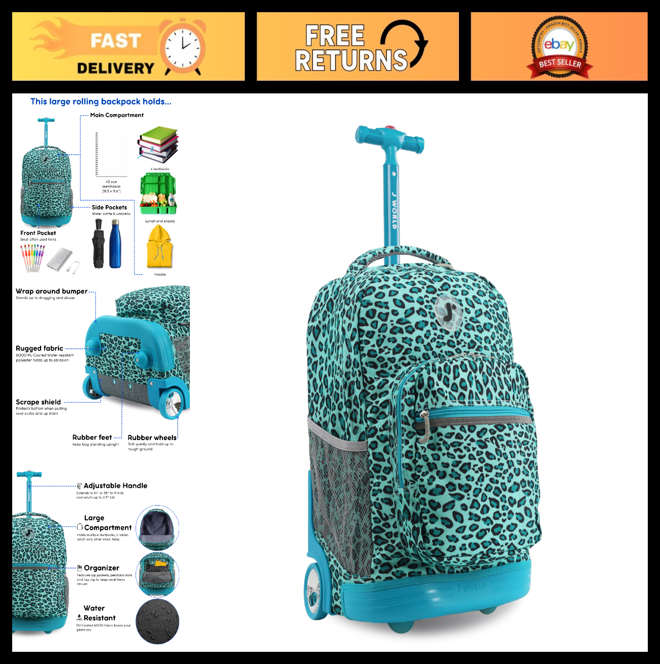 Kids Rolling Backpack with Wheels, 18" Bookbag for School, Mint Leopard Design0