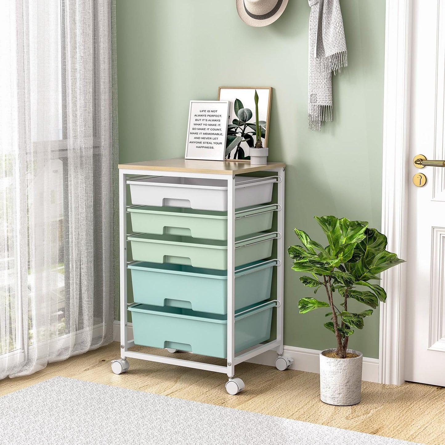 5 Drawer Utility Cart with Wooden Top, Lockable Wheels, Rolling Craft Organizer,7