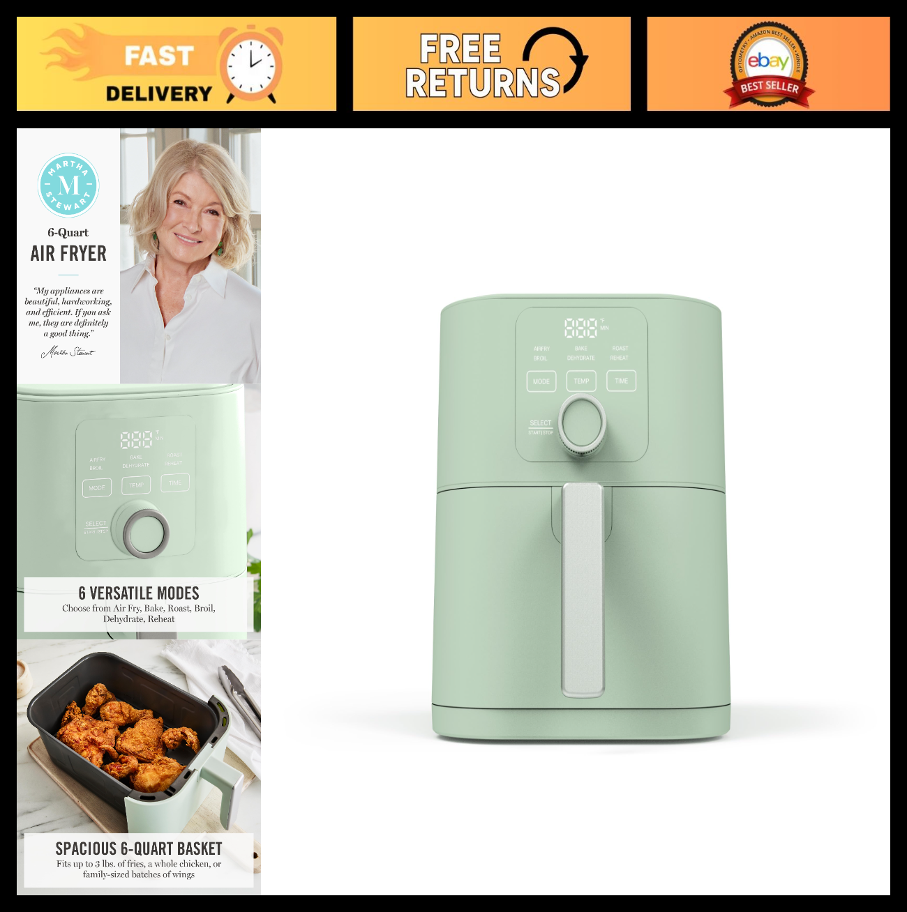 6QT Air Fryer, 6-in-1 Multi-Cooker, Bake, Broil, Roast, Dehydrate, Non-Stick Bas0