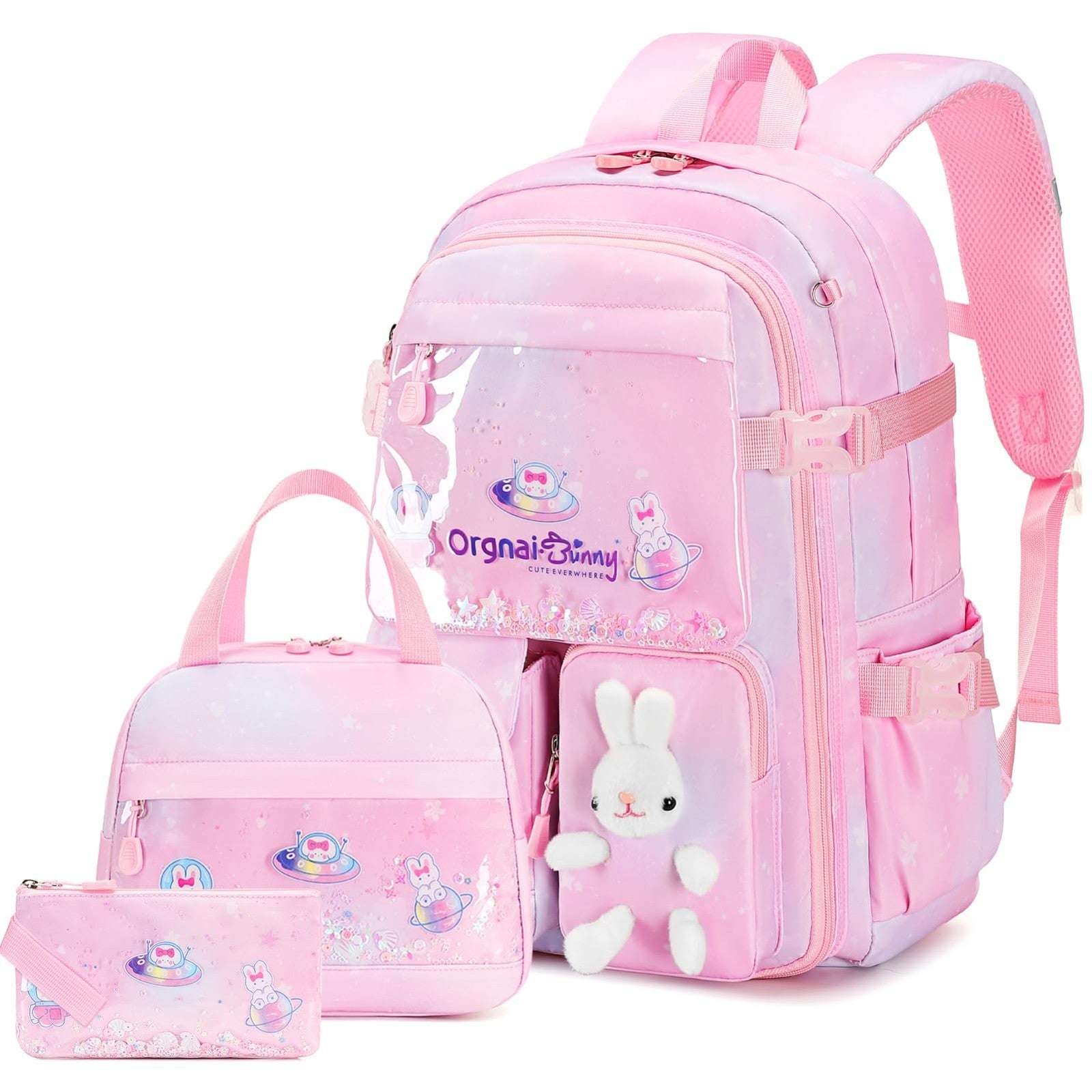 Kawaii Bunny Girls Backpack Set 3PCS   School Bag with Lunch Box & Pencil Case,1