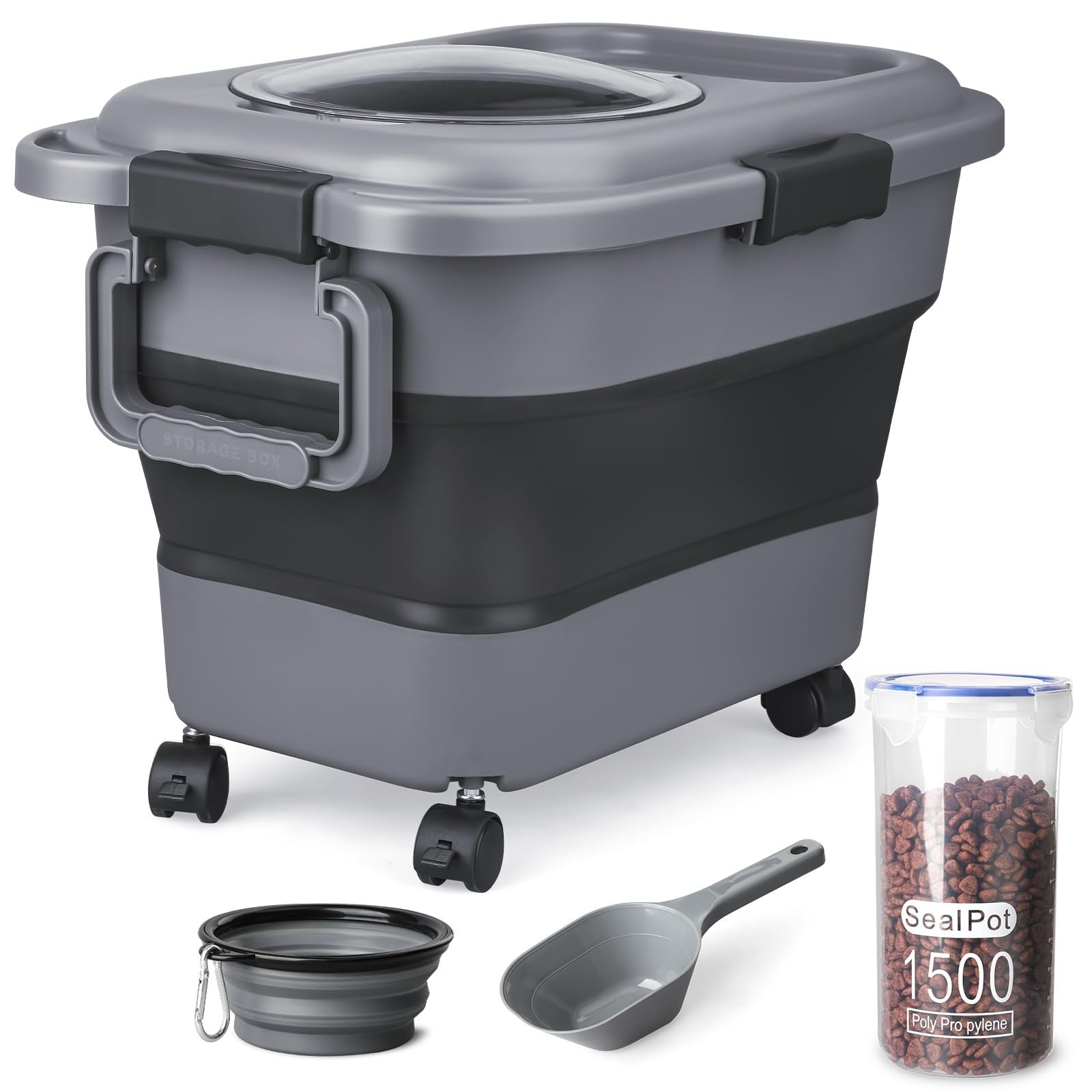 Airtight Dog & Cat Food Storage Container, 10 20 lbs, Collapsible, Wheels, Scoop1