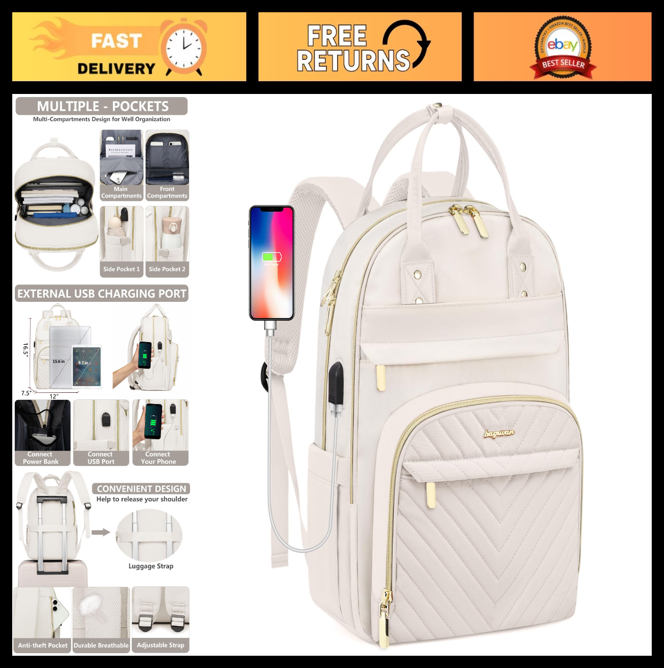 Stylish 15.6" Laptop Backpack for Women   Waterproof Travel Bag with USB Charger0
