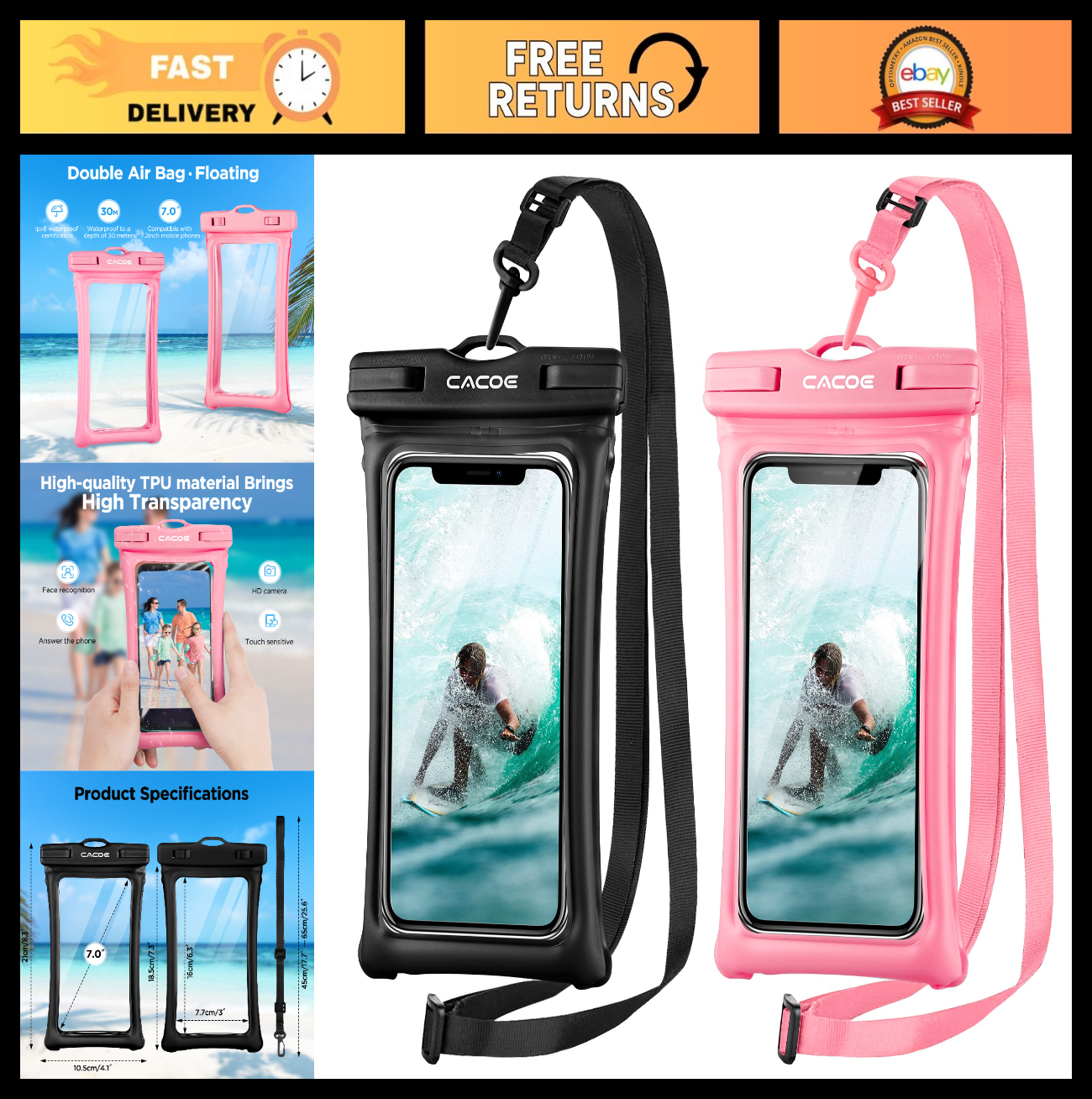 Floatable Waterproof Phone Pouch 2 Pack   IPX8 Case for Beach, Travel, Kayak, Ca0