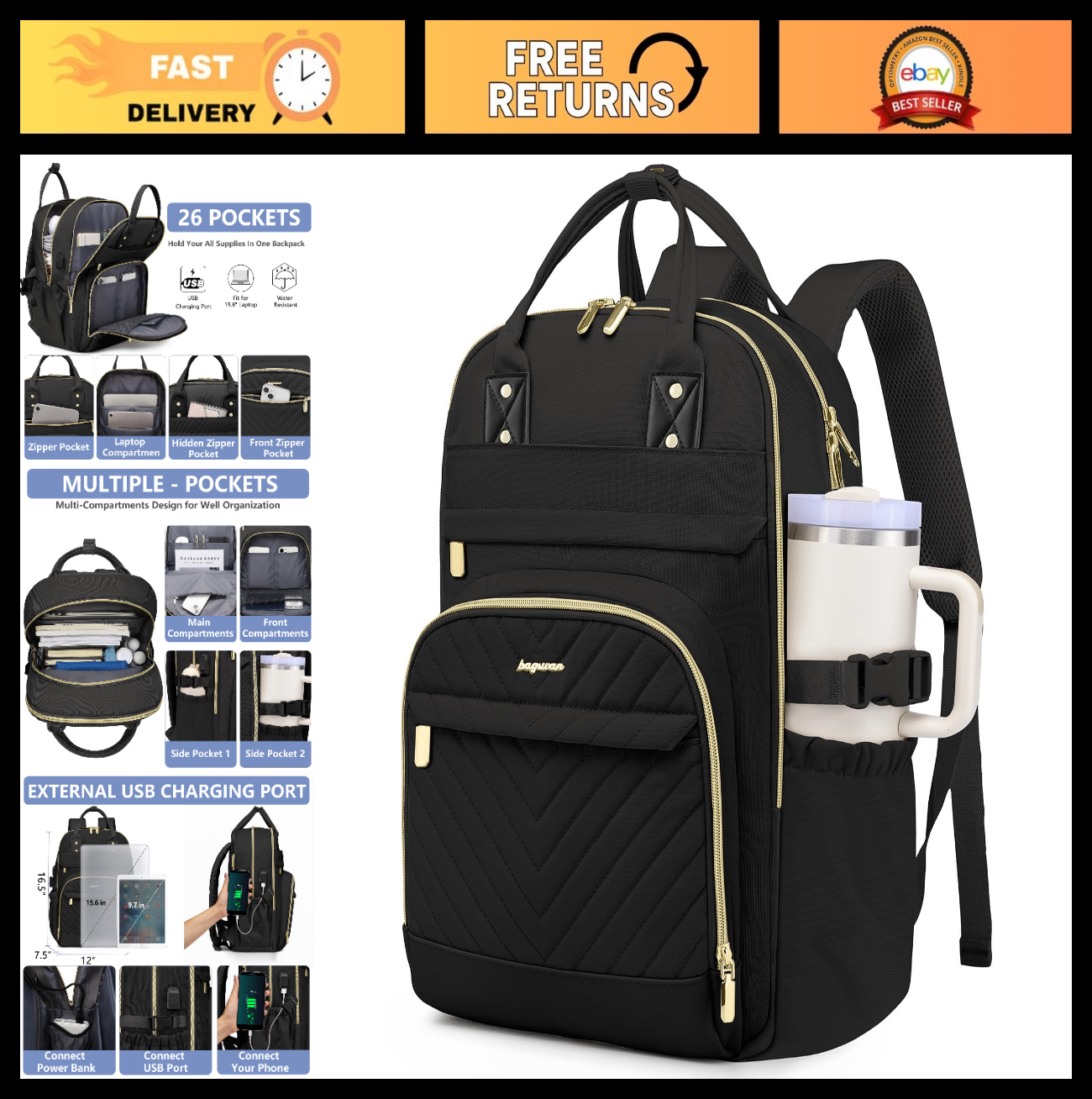 Stylish Laptop Backpack for Women   15.6" College Bookbag with Large Tumbler Poc0