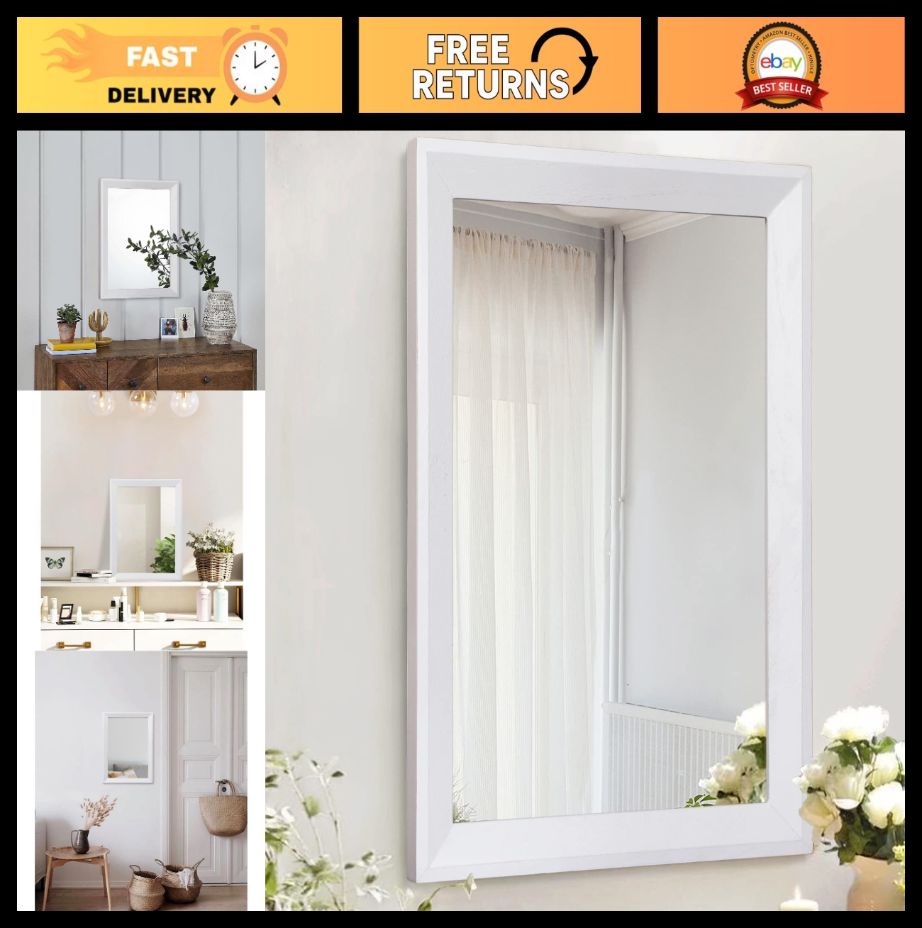 Small Rectangular Wall Mirror - Decorative Wood Framed Hanging Mirror for Home D0