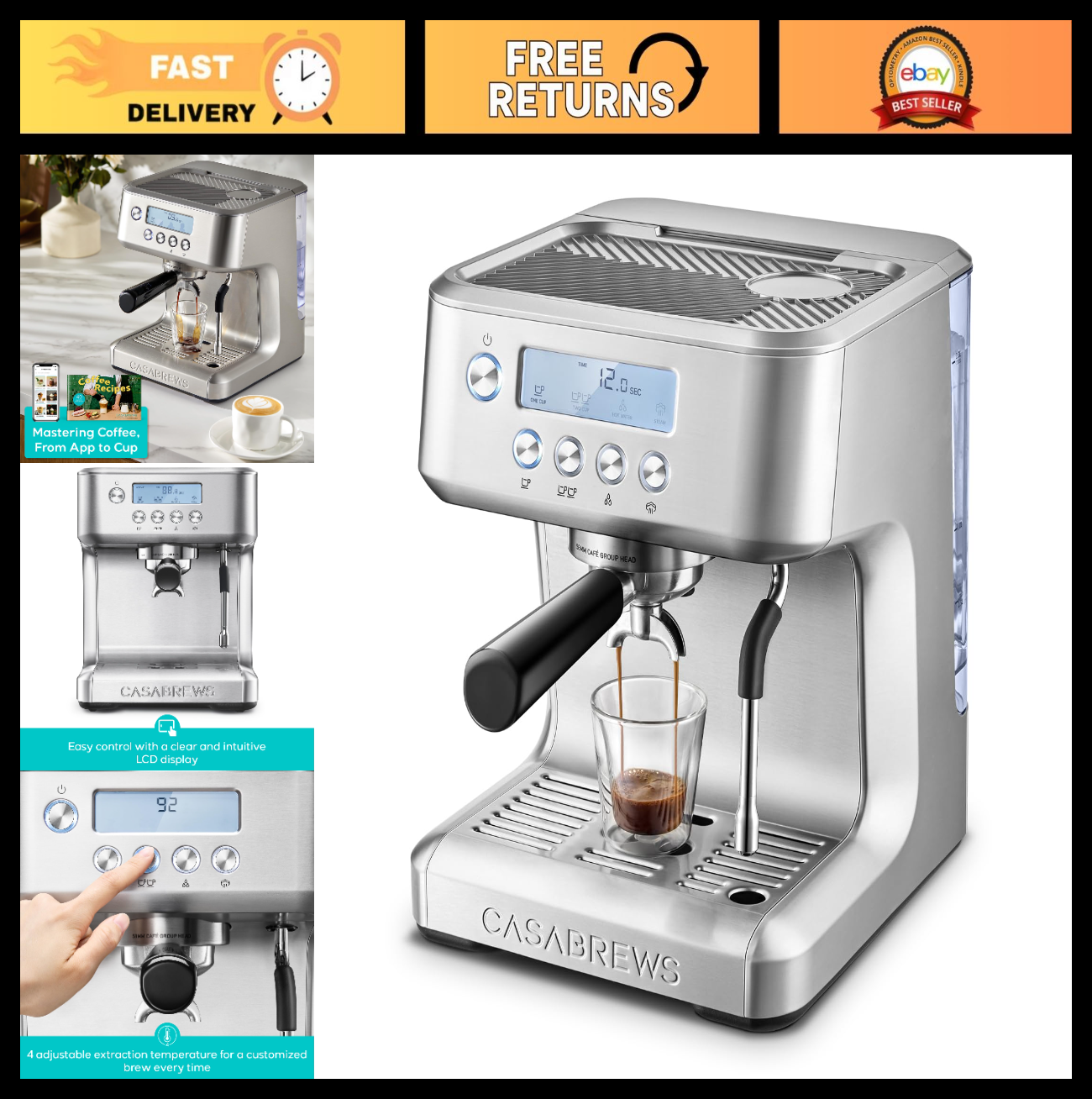 Espresso Machine with Steam Wand, LCD Display, 20 Bar Pump, Custom Brew Temp, 730