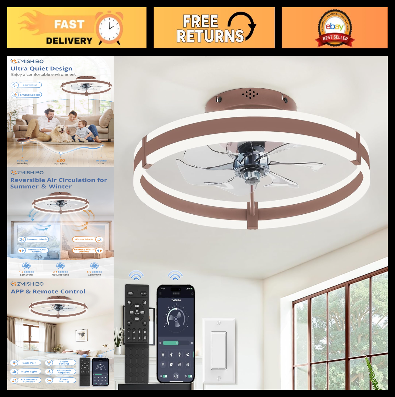 Modern Flush Mount Ceiling Fan with Lights & Remote, 19.7'' Low Profile, Dimmabl0