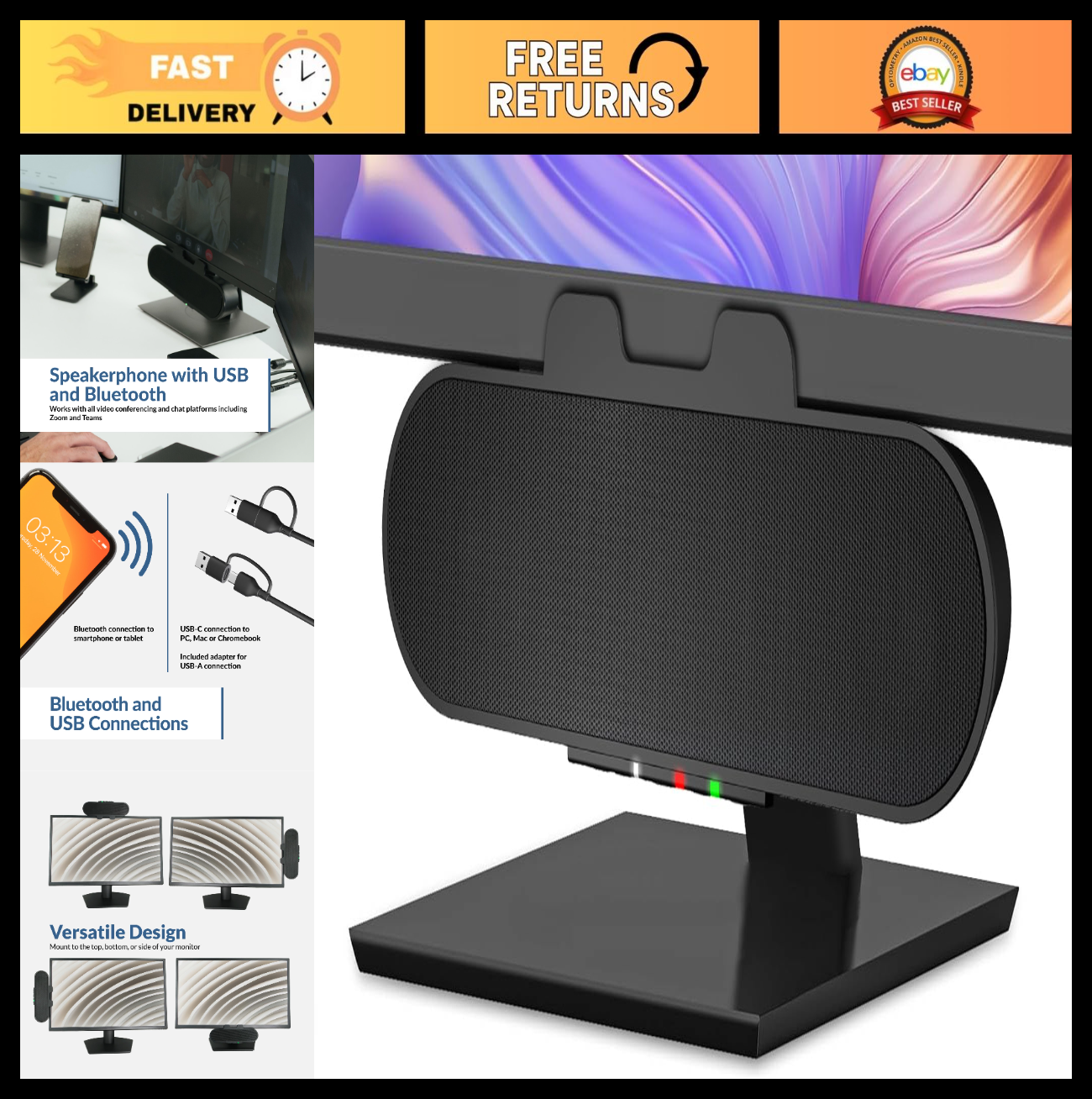 USB & Bluetooth Speaker Bar, 20W PC Speaker with Speakerphone, Clamps to Monitor0