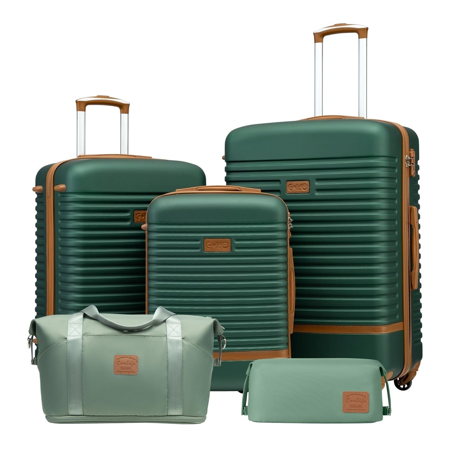 5-Piece Dark Green Luggage Set - Carry-On Suitcase with 360° Spinner Wheels, Tro1