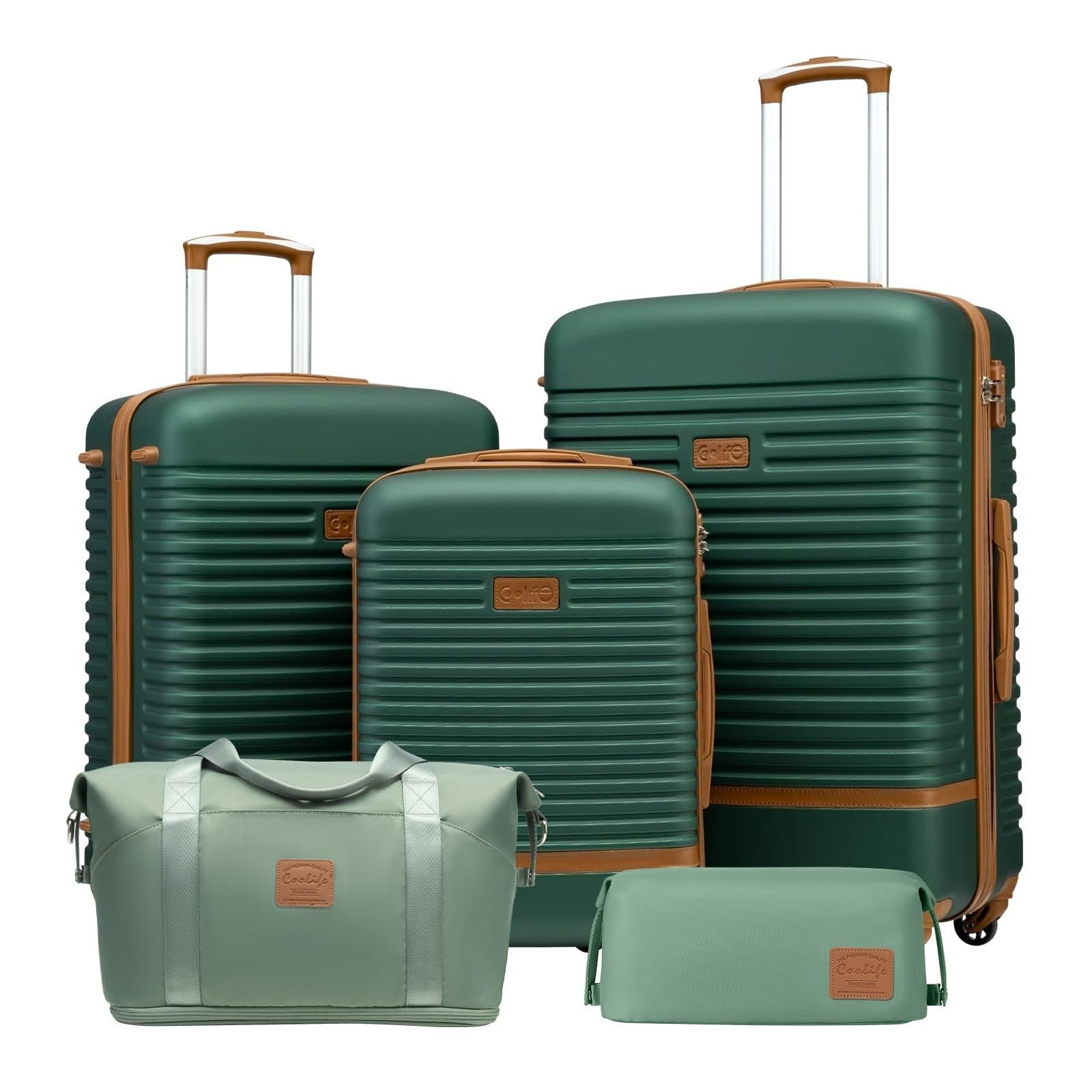 5-Piece Dark Green Luggage Set - Carry-On Suitcase with 360° Spinner Wheels, Tro1