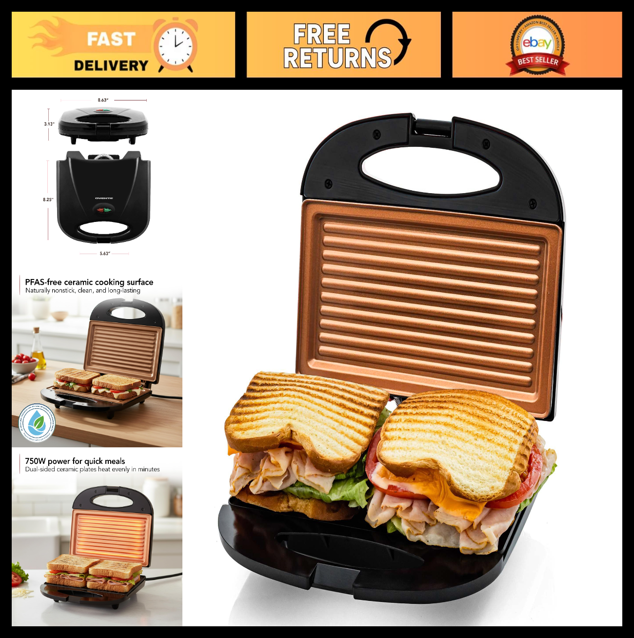 Compact Electric Panini Press Grill - Nonstick Plates, Thermostat Control, LED I0