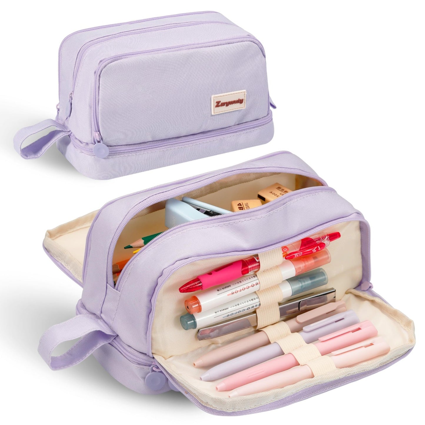 Large Purple Pencil Case   4 Compartments, High Capacity Zipper Pouch for School0