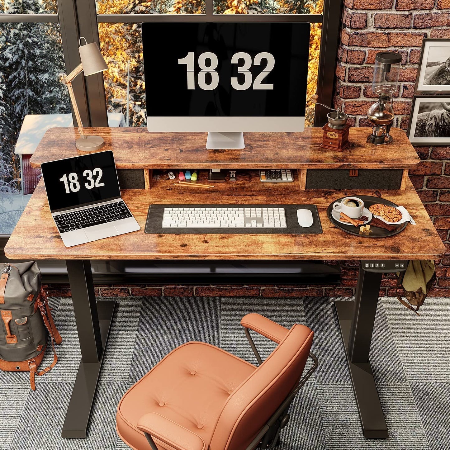 Height Adjustable Electric Standing Desk 48x24 with Double Drawer & Storage Shel2