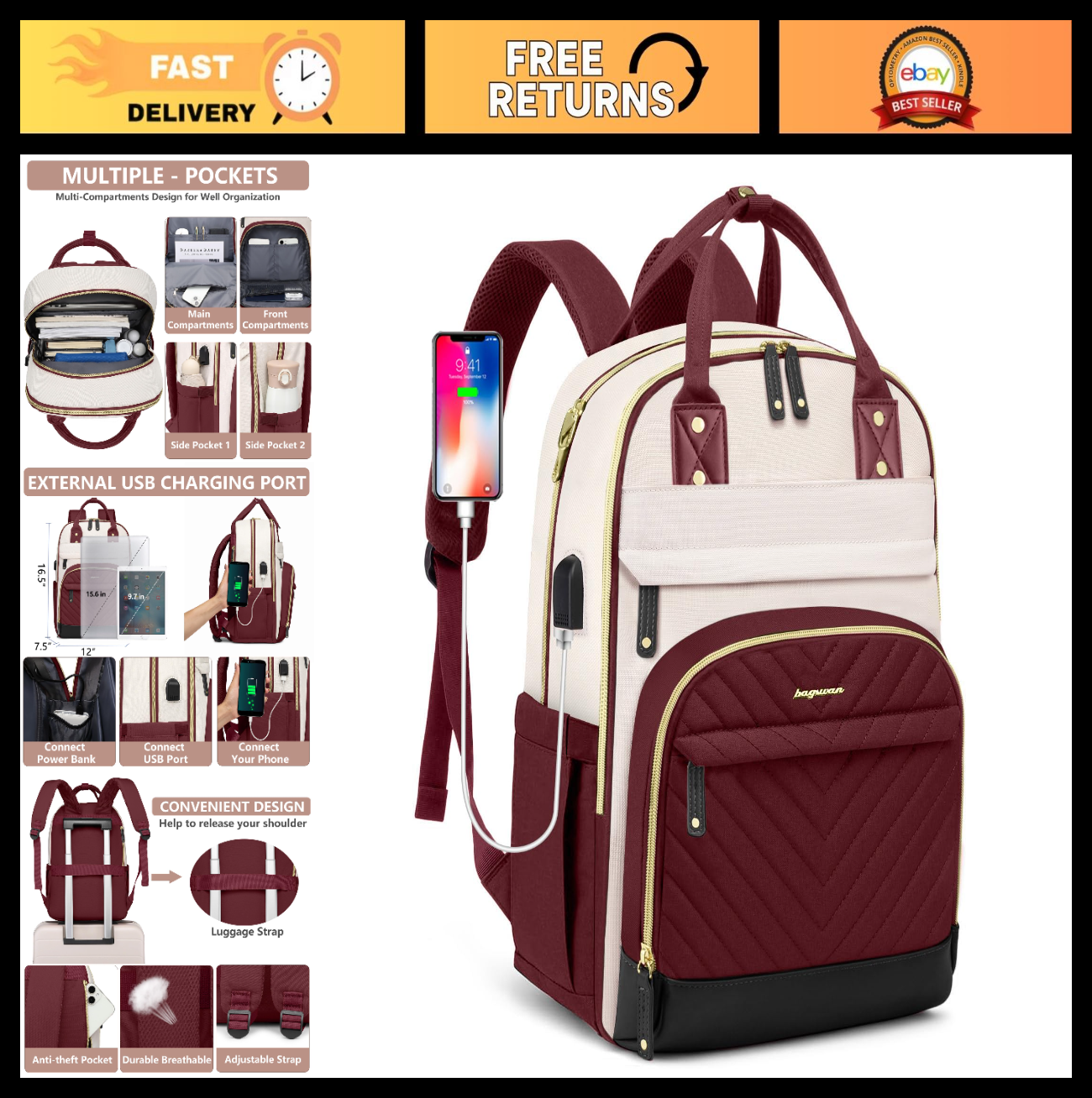 Stylish Laptop Backpack for Women   15.6" Travel Work Bag with USB Charger0