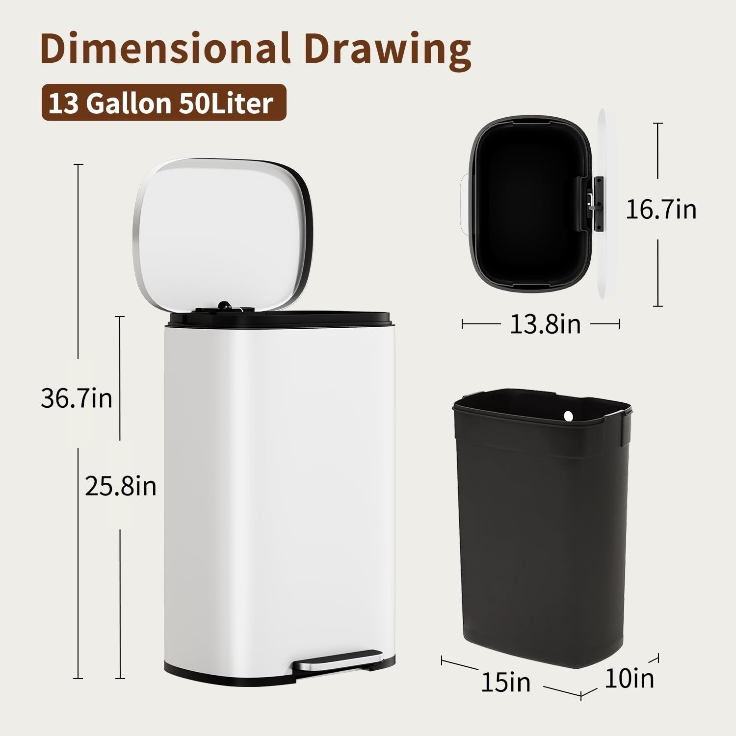 Stainless Steel Trash Can with Lid - 13 Gallon, Removable Inner Bucket, Soft Clo6