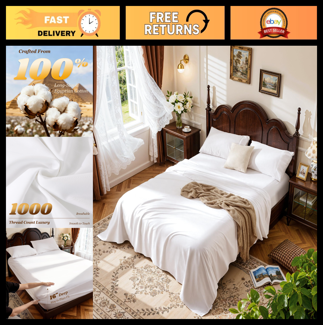 1000 Thread Count 100% Cotton King Size Sheet Set, 4 Piece, Deep Pocket, Soft &0
