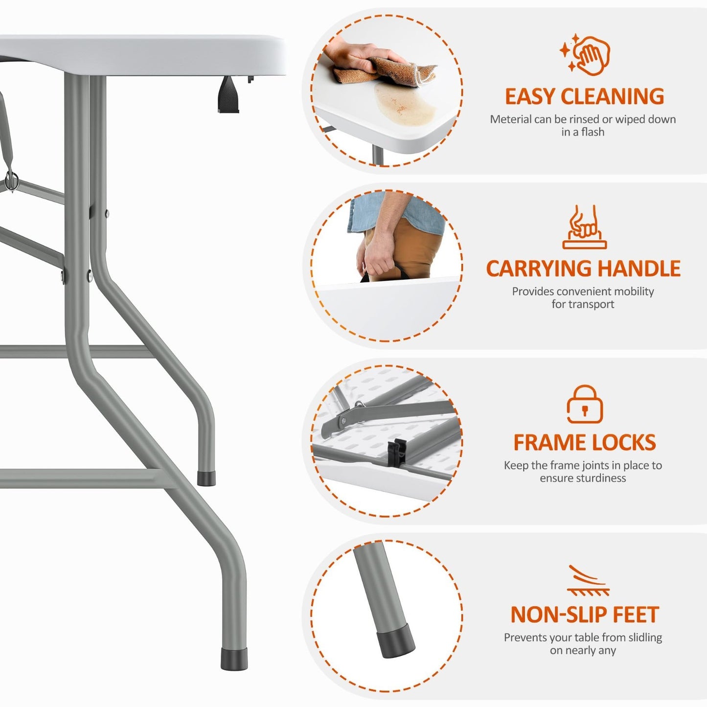 6FT Folding Table - Heavy Duty, 350 LBS Capacity, Waterproof HDPE Top, Portable5