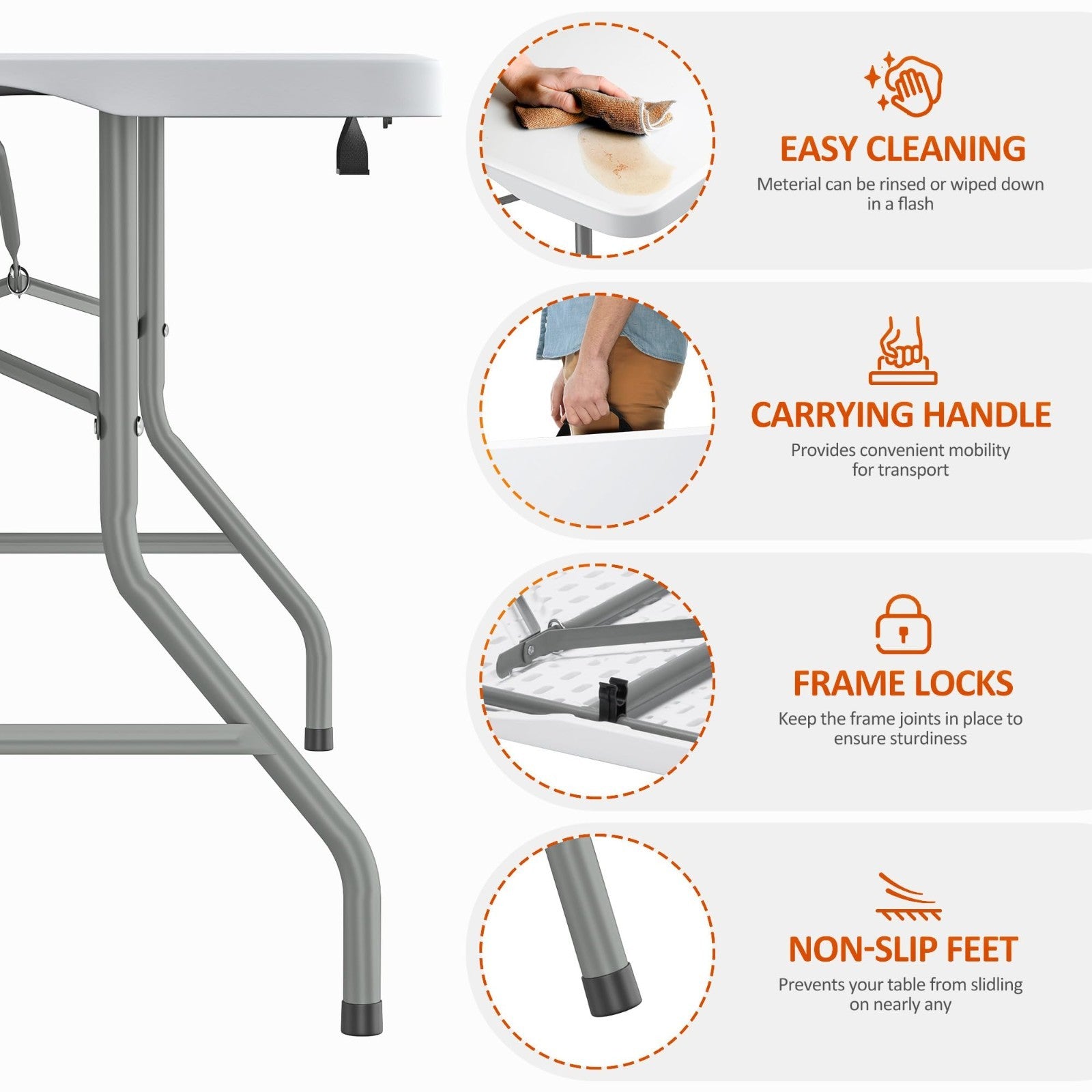 6FT Folding Table - Heavy Duty, 350 LBS Capacity, Waterproof HDPE Top, Portable5
