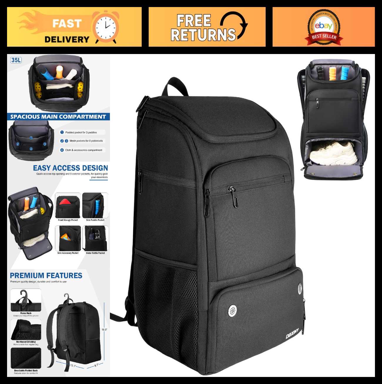 Large Pickleball Backpack for 4+ Paddles, Shoe Compartment & Fence Hook - Perfec0