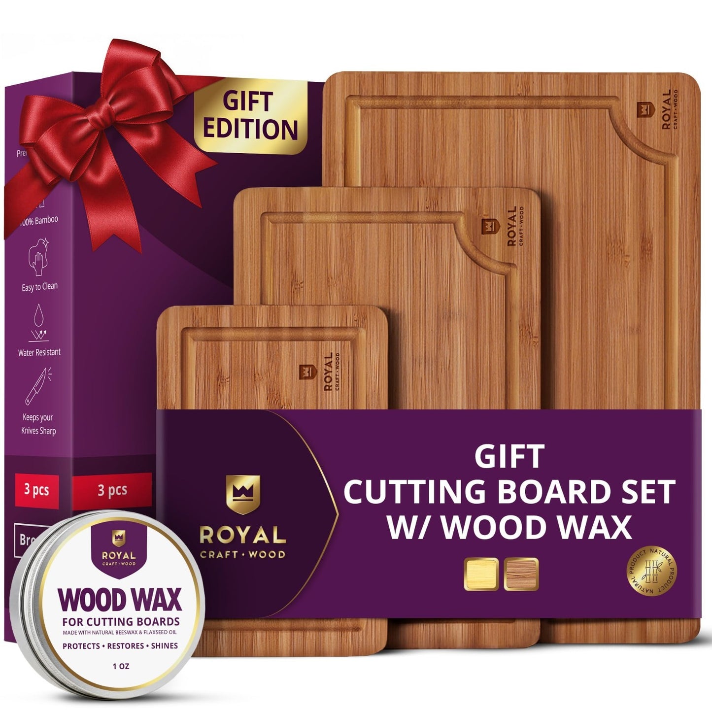 Wooden Cutting Boards Set   Bamboo Kitchen Prep & Serving Board with Juice Groov1