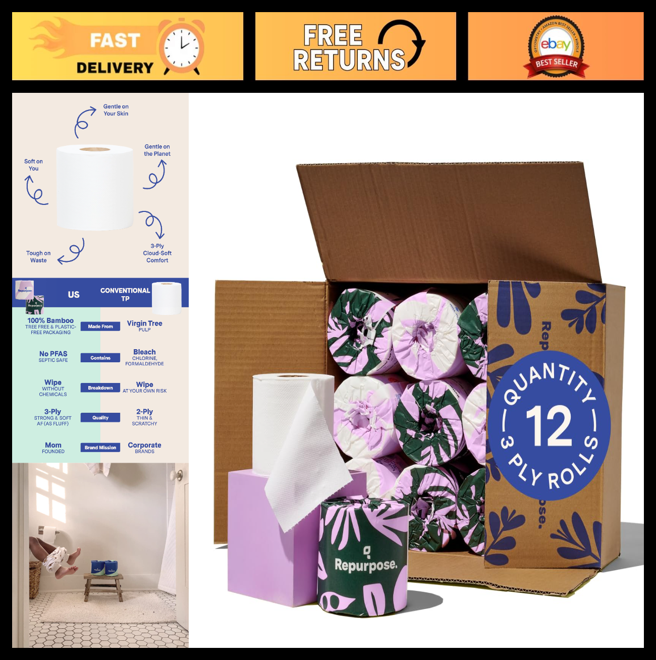 100% Compostable Bamboo Toilet Paper - 12 Rolls, 300 Sheets/Roll, 3-Ply, Eco-Fri0