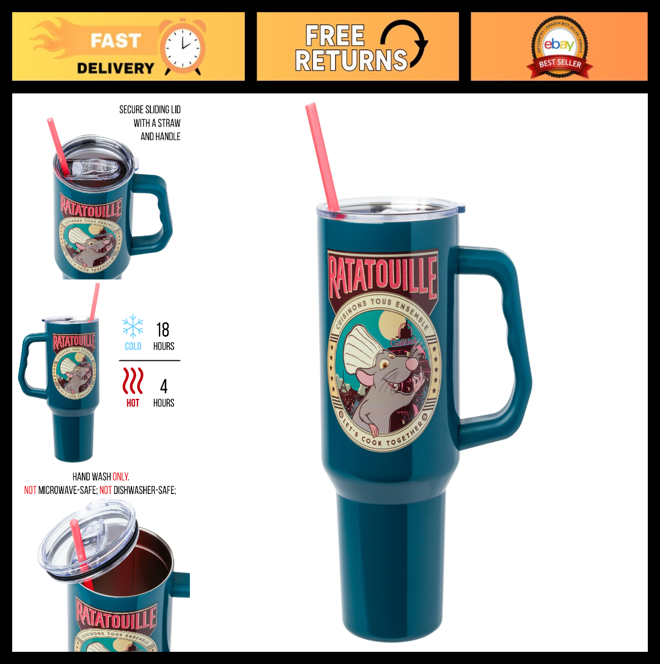 40oz Double Walled Stainless Steel Tumbler with Handle & Straw   Disney Pixar Re0