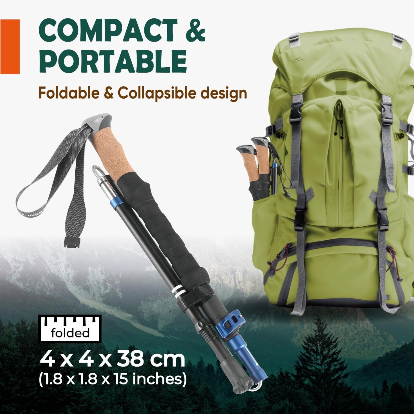 Lightweight Adjustable Trekking Poles with Cork Grip - Compact Hiking Sticks for3