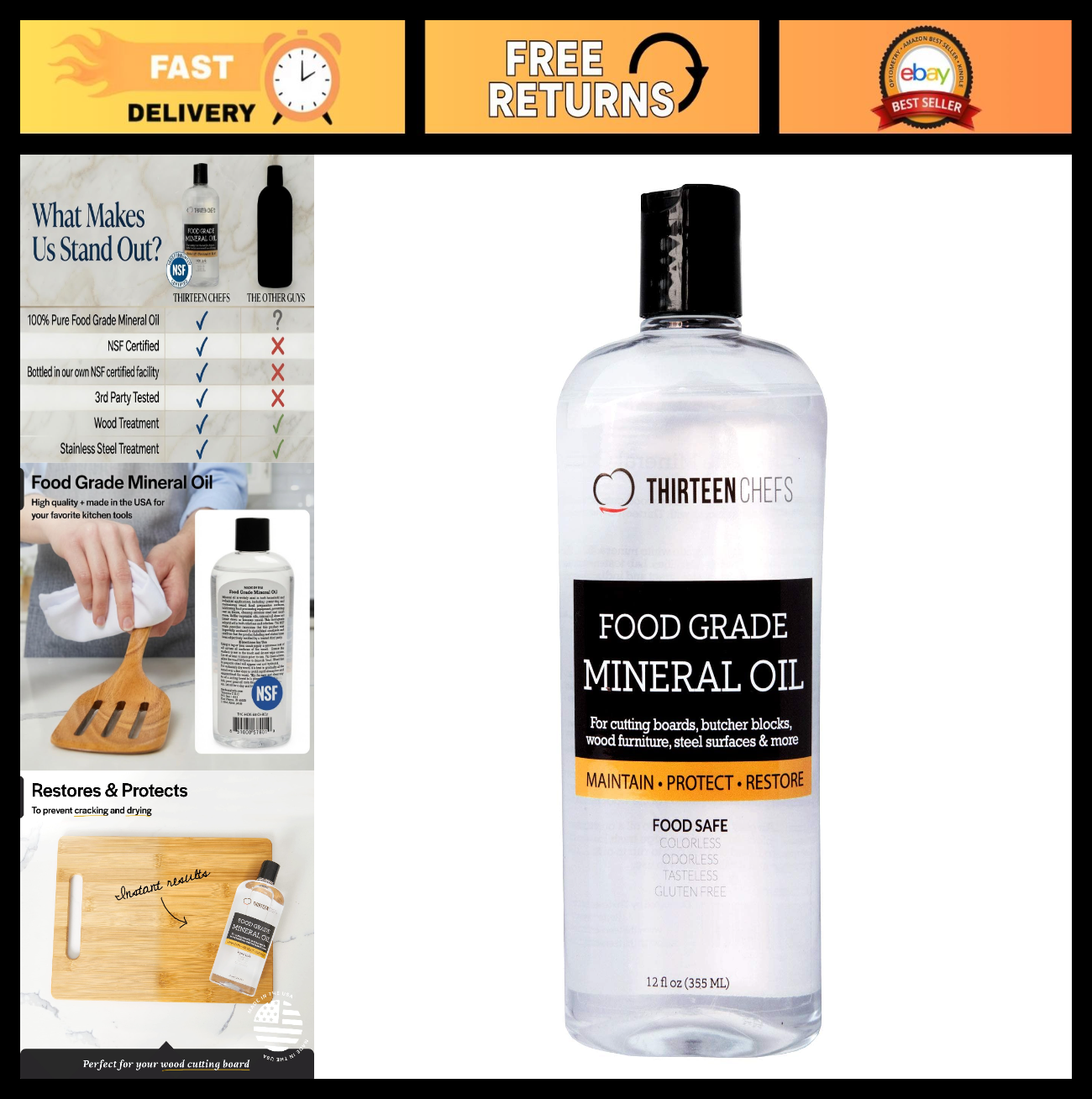 Food Grade Mineral Oil 12oz   NSF Certified for Cutting Boards & Wood Care0